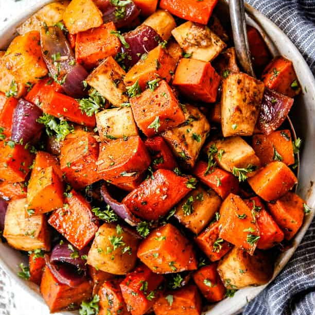 Roasted root vegetables with Esmea extra virgin olive oil